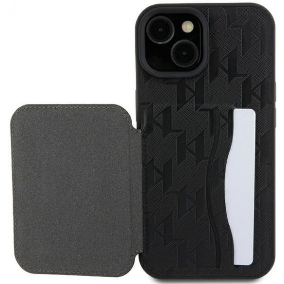 Karl Lagerfeld KLHCP15SSAKKNSCK iPhone 15 / 14 / 13 6.1" carcasă rigidă/neagră Saffiano sloturi pentru carduri și patch monogramă Ikonik cu suport