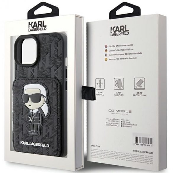 Karl Lagerfeld KLHCP15SSAKKNSCK iPhone 15 / 14 / 13 6.1" carcasă rigidă/neagră Saffiano sloturi pentru carduri și patch monogramă Ikonik cu suport