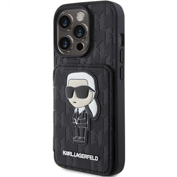 Karl Lagerfeld KLHCP15LSAKKNSCK iPhone 15 Pro 6.1 carcasă rigidă neagră Saffiano Slot pentru carduri și Patch Ikonik cu monogramă pentru suport"