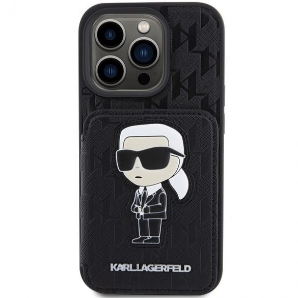 Karl Lagerfeld KLHCP15LSAKKNSCK iPhone 15 Pro 6.1 carcasă rigidă neagră Saffiano Slot pentru carduri și Patch Ikonik cu monogramă pentru suport"