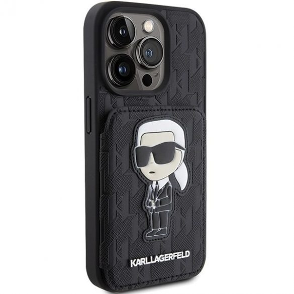 Karl Lagerfeld KLHCP15LSAKKNSCK iPhone 15 Pro 6.1 carcasă rigidă neagră Saffiano Slot pentru carduri și Patch Ikonik cu monogramă pentru suport"