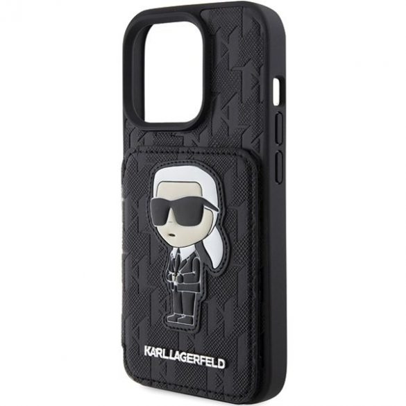 Karl Lagerfeld KLHCP15LSAKKNSCK iPhone 15 Pro 6.1 carcasă rigidă neagră Saffiano Slot pentru carduri și Patch Ikonik cu monogramă pentru suport"