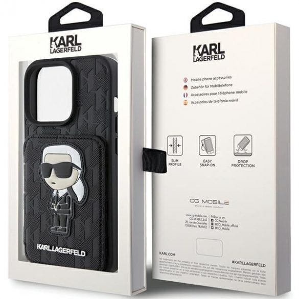 Karl Lagerfeld KLHCP15LSAKKNSCK iPhone 15 Pro 6.1 carcasă rigidă neagră Saffiano Slot pentru carduri și Patch Ikonik cu monogramă pentru suport"