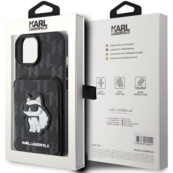 Karl Lagerfeld KLHCP15SSAKCNSCK iPhone 15 / 14 / 13 6,1" carcasă rigidă/neagră Saffiano sloturi pentru cărți și suport Monogram Choupette