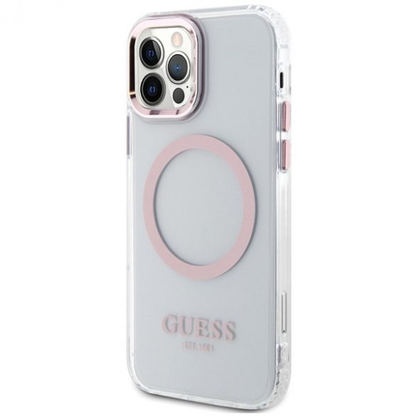 Husă rigidă Guess GUHMP12MHTRMP pentru iPhone 12/12 Pro 6.1 rożowy/roz Metal Outline Magsafe"