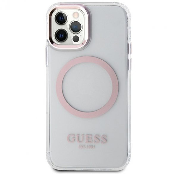 Husă rigidă Guess GUHMP12MHTRMP pentru iPhone 12/12 Pro 6.1 rożowy/roz Metal Outline Magsafe"