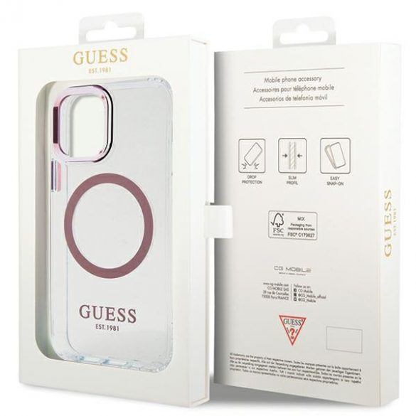 Husă rigidă Guess GUHMP12MHTRMP pentru iPhone 12/12 Pro 6.1 rożowy/roz Metal Outline Magsafe"