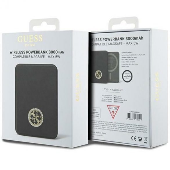 Guess Powerbank indukcyjny 5W GUPBM3AL4DMK 3000mAh negru/negru MagSafe 4G Strassed Metal Logo