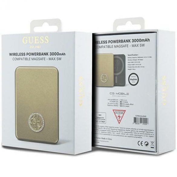 Guess Powerbank indukcyjny 5W GUPBM3AL4DMD 3000mAh złoty/aur MagSafe 4G Strassed Metal Logo