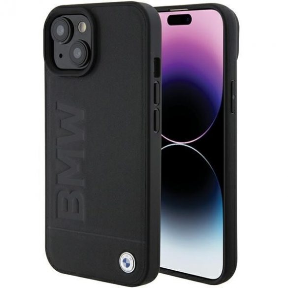 BMW BMHCP15MSLLBK iPhone 15 Plus / 14 Plus 6,7 inchi, negru/negru, ștampilă fierbinte din piele