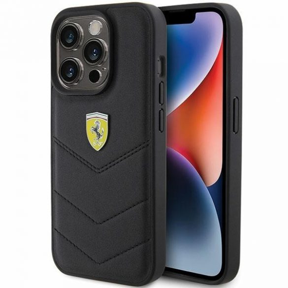 Carcasă rigidă Ferrari FEHCP15LRDUK pentru iPhone 15 Pro 6.1, neagră/carny Quilted Metal Logo"