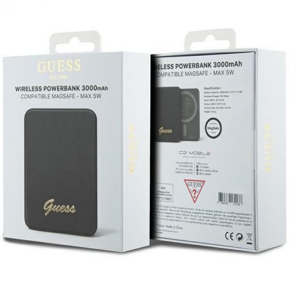 Guess Powerbank indukcyjny 5W GUPBM3ALGSGK 3000mAh czarny/negru MagSafe Metal Script Logo