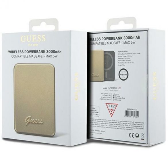 Guess Powerbank indukcyjny 5W GUPBM3ALGSGD 3000mAh gold/gold MagSafe Metal Script Logo