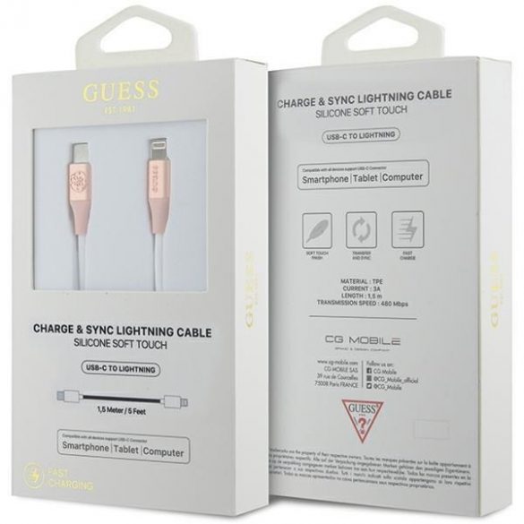 Guess GUCLLALRGDP kabel USB-C - Lightning 1,5m Încărcare rapidă różowy/roz Logo imprimat în relief