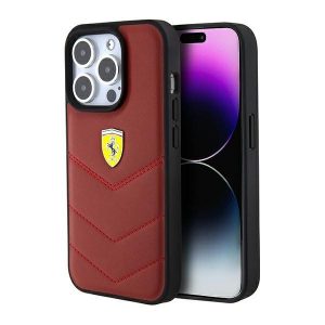 Carcasă rigidă Ferrari FEHCP15LRDUR iPhone 15 Pro 6.1, culoare roșie/roșie, linii cusute din piele"