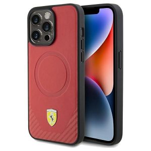 Carcasă rigidă Ferrari FEHMP15XPTER iPhone 15 Pro Max 6.7, culoare roșie, Carbon Metal Logo MagSafe”