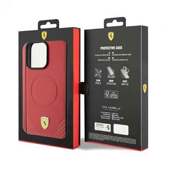 Carcasă rigidă Ferrari FEHMP15XPTER iPhone 15 Pro Max 6.7, culoare roșie, Carbon Metal Logo MagSafe”