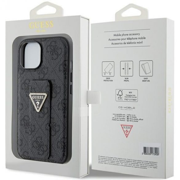 Guess GUHCP15SPGS4TDK iPhone 15 / 14 / 13 6.1" carcasă rigidă/neagră Grip Stand 4G Triunghi Strass