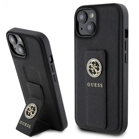 Guess GUHCP15SPGSSADK iPhone 15 / 14 / 13 6.1" carcasă rigidă/neagră Grip Stand 4G Saffiano Strass