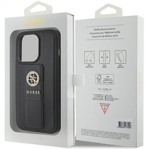 Guess GUHCP15LPGSSADK iPhone 15 Pro 6.1 carcasă rigidă/neagră Grip Stand 4G Saffiano Strass"