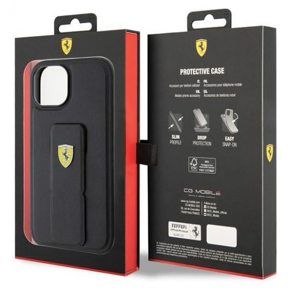 Ferrari FEHCP15SGSPSIK iPhone 15 / 14 / 13 6.1" carcasă rigidă/neagră Grip Stand Metal Logo