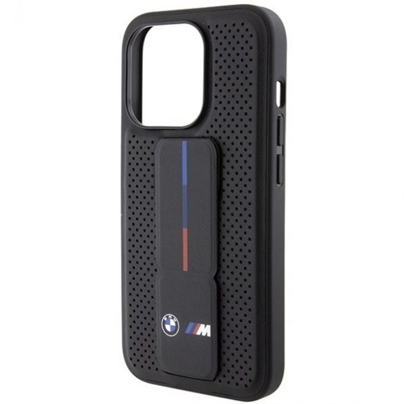 BMW BMHCP15LGSPPRK Carcasă rigidă pentru iPhone 15 Pro 6.1, neagră/neagră Grip Stand Smooth & Perforated"