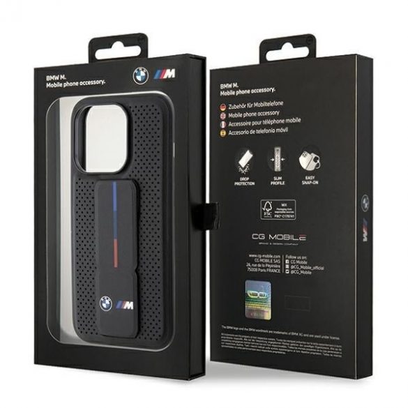 BMW BMHCP15LGSPPRK Carcasă rigidă pentru iPhone 15 Pro 6.1, neagră/neagră Grip Stand Smooth & Perforated"