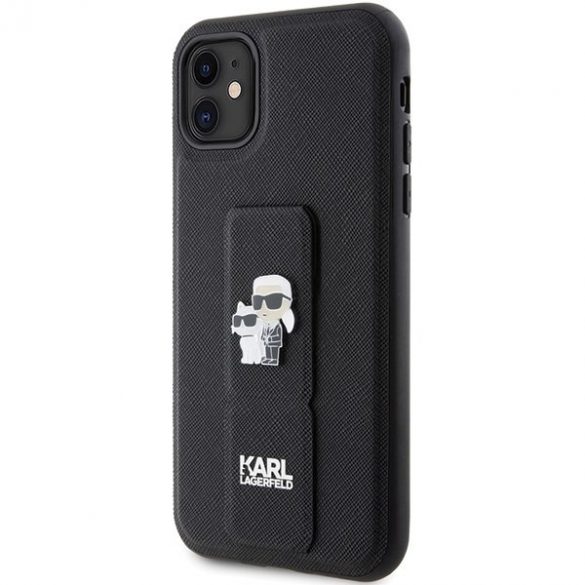 Karl Lagerfeld KLHCN61GSAKCPK iPhone 11 / Xr 6.1 carcasă rigidă/neagră Gripstand Saffiano Karl & Choupette Pins"