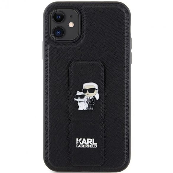 Karl Lagerfeld KLHCN61GSAKCPK iPhone 11 / Xr 6.1 carcasă rigidă/neagră Gripstand Saffiano Karl & Choupette Pins"