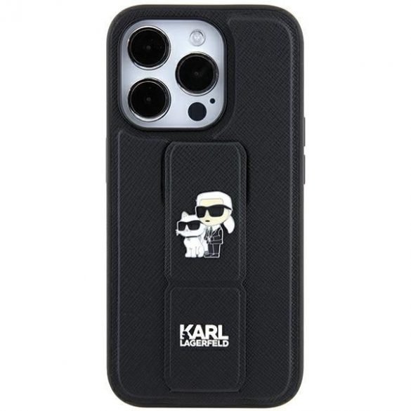 Karl Lagerfeld KLHCN61GSAKCPK iPhone 11 / Xr 6.1 carcasă rigidă/neagră Gripstand Saffiano Karl & Choupette Pins"