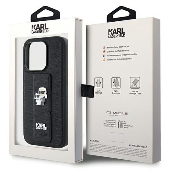 Karl Lagerfeld KLHCP13LGSAKCPK iPhone 13 Pro / 13 6.1 carcasa rigidă neagră Gripstand Saffiano Karl & Choupette Pins"