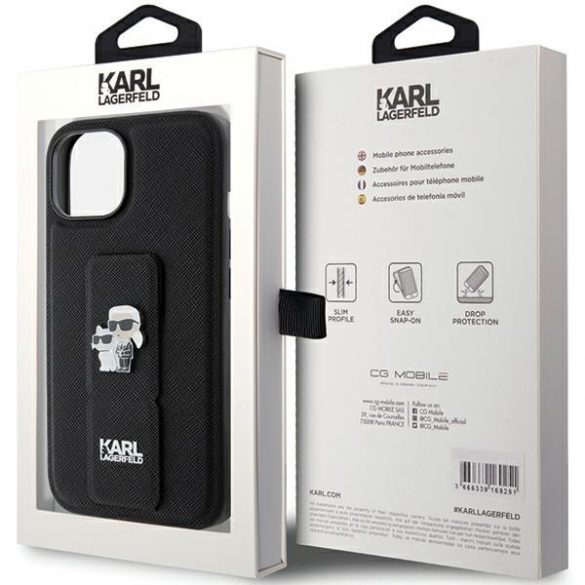 Karl Lagerfeld KLHCP15SGSAKCPK iPhone 15 / 14 / 13 6.1" carcasă rigidă/neagră Gripstand Saffiano Karl&Choupette Ace