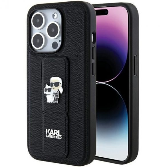 Karl Lagerfeld KLHCP15LGSAKCPK iPhone 15 Pro 6.1 carcasă rigidă/neagră Gripstand Saffiano Karl & Choupette Pins"