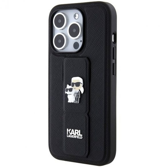 Karl Lagerfeld KLHCP15LGSAKCPK iPhone 15 Pro 6.1 carcasă rigidă/neagră Gripstand Saffiano Karl & Choupette Pins"