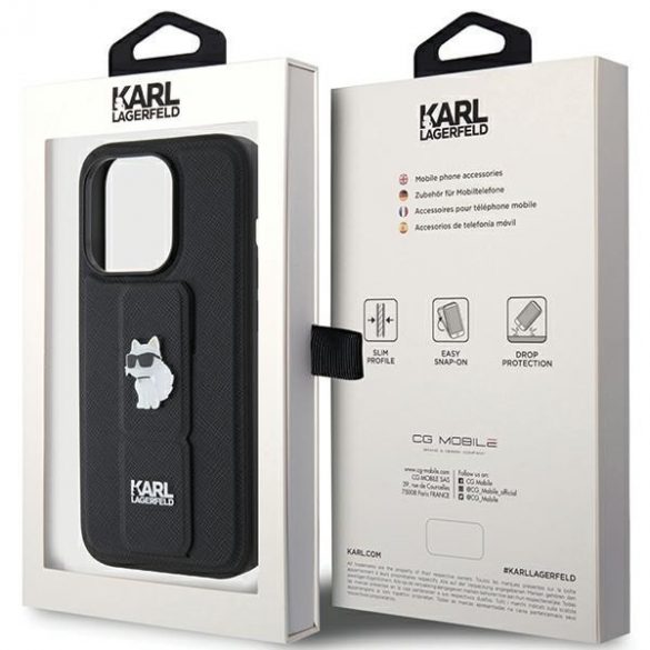 Karl Lagerfeld KLHCP15XGSACHPK iPhone 15 Pro Max 6.7 carcasa rigidă neagră Gripstand Saffiano Choupette Pins"