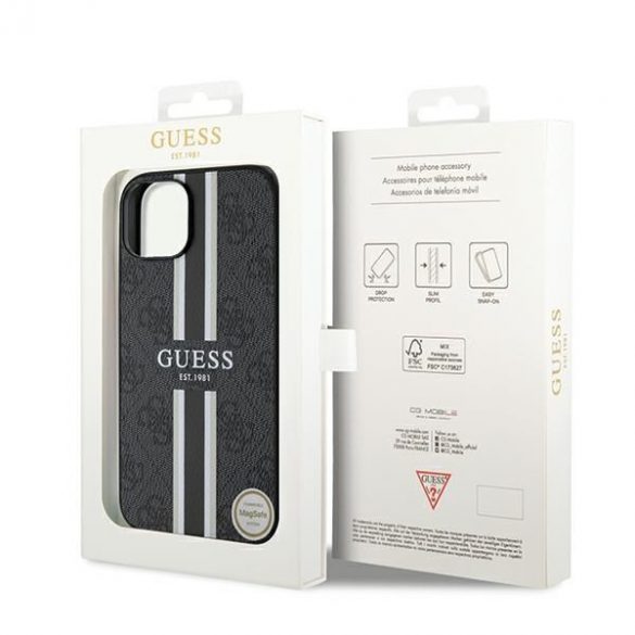 Guess GUHMP15SP4RPSK iPhone 15 / 14 / 13 6.1" carcasă rigidă/neagră 4G Printed Stripes MagSafe