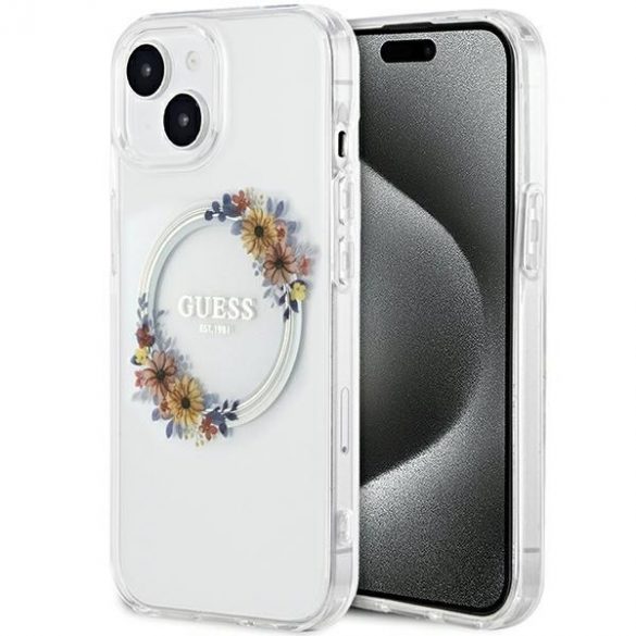 Guess GUHMP15SHFWFCT iPhone 15 / 14 / 13 husă rigidă transparentă de 6,1 inchi IML Flowers Wreatch MagSafe