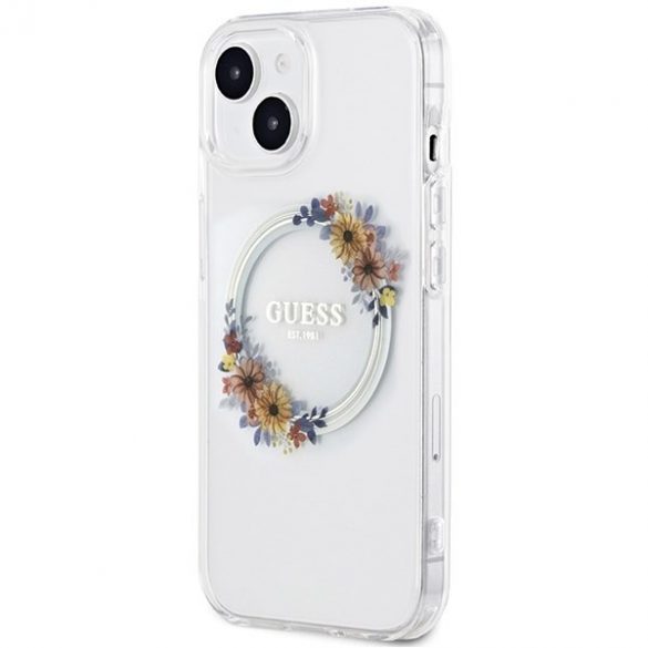 Guess GUHMP15SHFWFCT iPhone 15 / 14 / 13 husă rigidă transparentă de 6,1 inchi IML Flowers Wreatch MagSafe