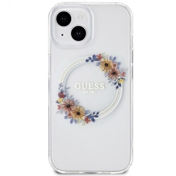 Guess GUHMP15SHFWFCT iPhone 15 / 14 / 13 husă rigidă transparentă de 6,1 inchi IML Flowers Wreatch MagSafe