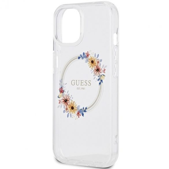 Guess GUHMP15SHFWFCT iPhone 15 / 14 / 13 husă rigidă transparentă de 6,1 inchi IML Flowers Wreatch MagSafe