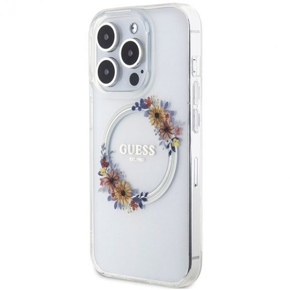 Guess GUHMP15LHFWFCT iPhone 15 Pro 6,1" husă rigidă transparentă IML Flowers Wreatch MagSafe