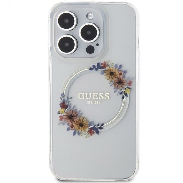 Guess GUHMP15LHFWFCT iPhone 15 Pro 6,1" husă rigidă transparentă IML Flowers Wreatch MagSafe