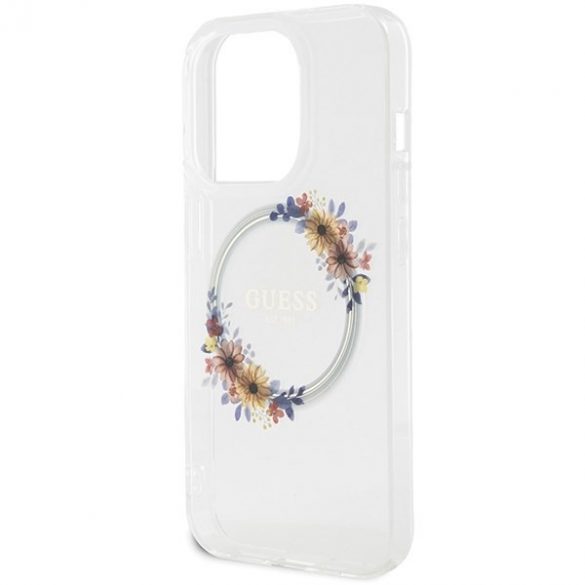 Guess GUHMP15LHFWFCT iPhone 15 Pro 6,1" husă rigidă transparentă IML Flowers Wreatch MagSafe