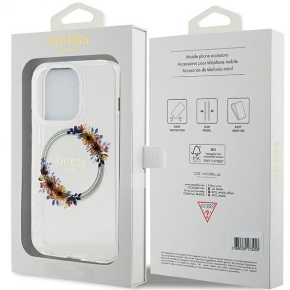 Guess GUHMP15LHFWFCT iPhone 15 Pro 6,1" husă rigidă transparentă IML Flowers Wreatch MagSafe