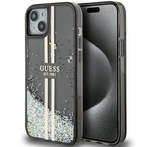 Guess GUHCP15SLFCSEGK iPhone 15 / 14 / 13 6.1" carcasă rigidă/neagră, cu sclipici lichid, dungi aurii