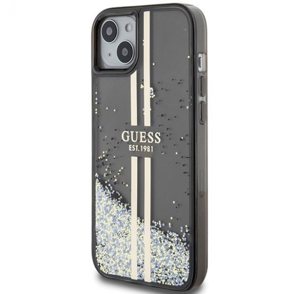 Guess GUHCP15SLFCSEGK iPhone 15 / 14 / 13 6.1" carcasă rigidă/neagră, cu sclipici lichid, dungi aurii