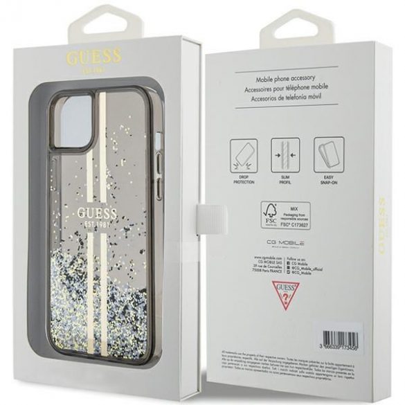 Guess GUHCP15MLFCSEGK iPhone 15 Plus / 14 Plus 6,7" carcasă rigidă/neagră, cu sclipici lichid, dungi aurii