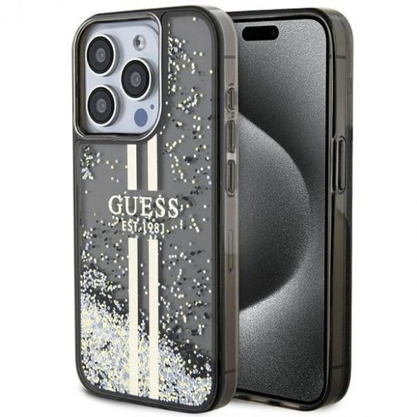 Guess GUHCP15XLFCSEGK iPhone 15 Pro Max 6,7" carcasă rigidă/neagră, cu sclipici lichid, dungi aurii