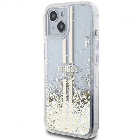 Guess GUHCP15SLFCSEGT iPhone 15 / 14 / 13 6.1" transparent hard Husă Lichid Glitter Gold Stripes