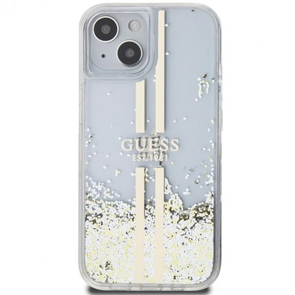 Guess GUHCP15SLFCSEGT iPhone 15 / 14 / 13 6.1" transparent hard Husă Lichid Glitter Gold Stripes